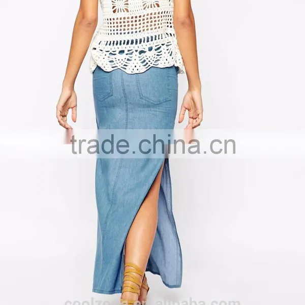 100% Cotton High Rise Split Sides Ladies Long Denim Skirts for Women 2015 photo-2