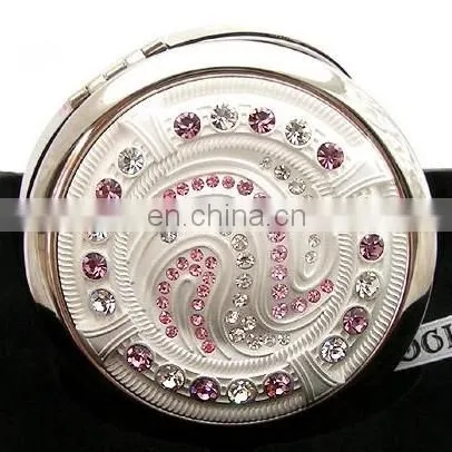 Shiny Stone Decoration Silver Metal Pocket Mirror