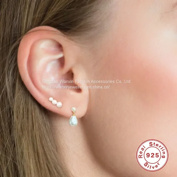 S925 Sterling Silver Flower Pearl Earrings Studs With Diamond photo-3