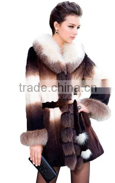 Long Women's 100% Real Rabbit Fur Coat With Fox Trim With Fox Collar
