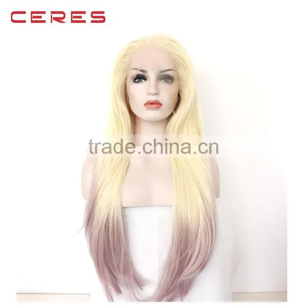 Ombre Blonde to Taro Color Synthetic Hair Lace Front Wigs for Women Long Straight Heat Resistant photo-3