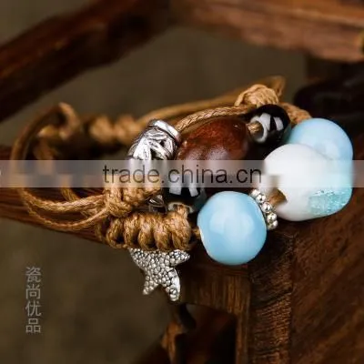 Handmade Vintage Porcelain Beads Bracelet Leather Woven Bracelets photo-4