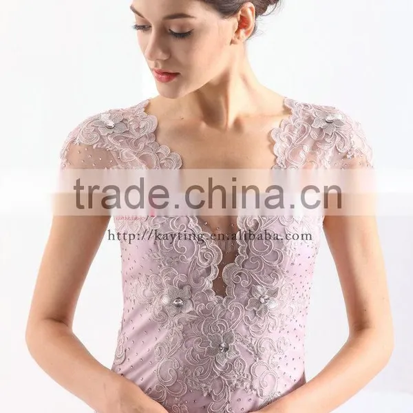 Gorgeous V-neck Cap Sleeve Pretty Appliqued Beaded Sequins Real Sample Prom Dress photo-4