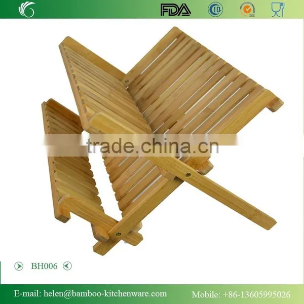 BH006/Natural Bamboo Foldable Dish Rack With Flatware Holder Durable Dish Drying Rack Kitchenware Bamboo Kitchen Cabinet Dish ra photo-2