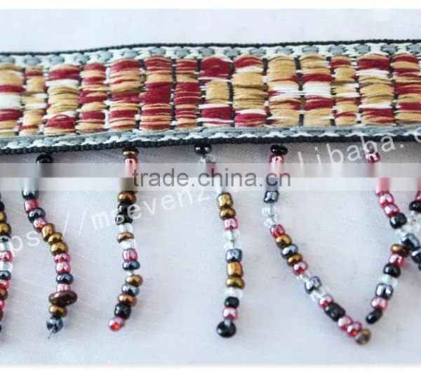 Newest Design 5 cm Width Ethnic Embroidery Nylon Webbing With Beaded Fringe photo-5