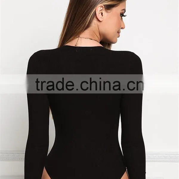 MGOO Foshan Manufacturer Custom Plunge Ribbed Bodysuits Black Cotton Spandex Blouse High Cut Buttons Up Tops photo-6