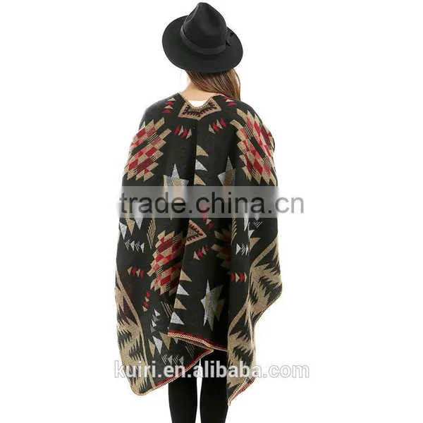 Poncho Women Cashmere Shrug Warm Flower Pattern Slit Wool Blend Plaids Blanket Cloak Poncho Cape Coat Printed Cardigan Shawl photo-4