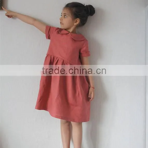 Pink Coral Wholesale Clothing Linen Dress Peter Pan Collar Child Clothes photo-3