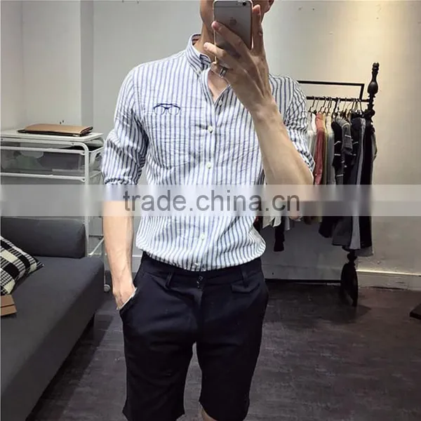 Cultivate One's Morality Men Striped Sleeves Shirts Washed Cotton Embroidery photo-4
