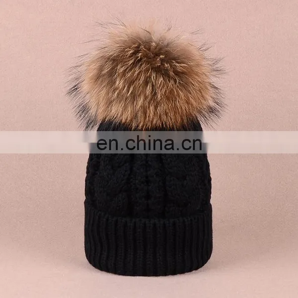 Jumbo Genuine Raccoon Fur Pom Balls Hats Knitted Twist Pattern Hats photo-5