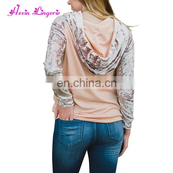 Factory Price Pink Plum Velvet Latest Design Crewneck Sweatshirt With Pockets photo-5