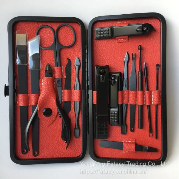 15pcs Black Leather Stainless Steel Beauty Nail Set Manicure Set