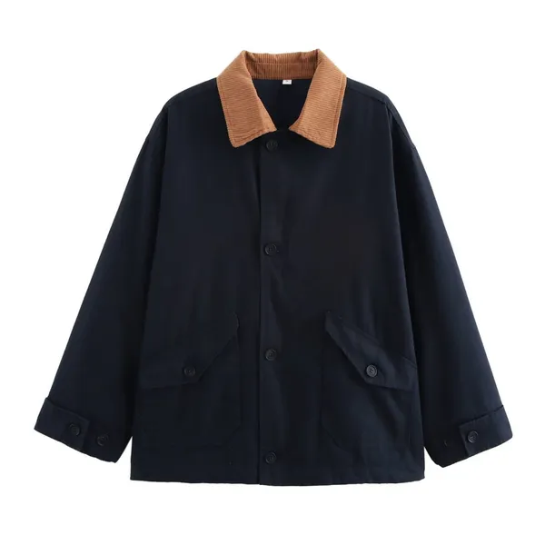 New Style Women's Retro Loose Casual Long-sleeved Color-matched Patchwork Button-down Blazer With Collar photo-3