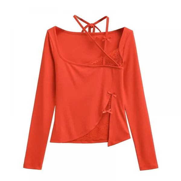 Ins Pure Desire Style Lace Stitching Bow T-shirt Women's Spring and Summer New Irregular Design Long-sleeved Hot Girl Top photo-2