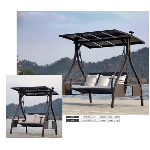 Solar LED Light Metal Outdoor Swing Chair With Sun Canopy, 2/3 Person Patio Glider Swing With Cup Holders & Storage Pocket for Garden, Villa Courtyard photo-4