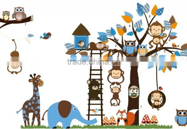 2016 Large Size Kids Cartoon Monkey Giraffe Owl Bird Wall Stickers photo-6