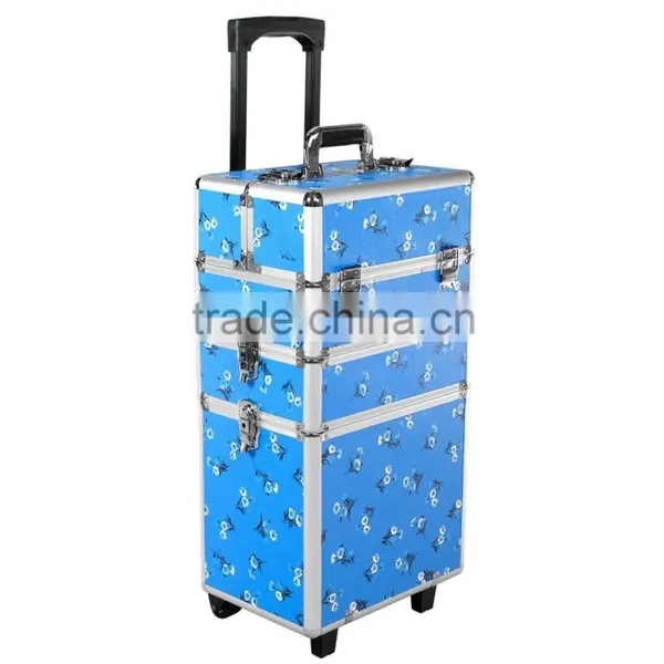 Aluminum 3-in-1 Blue Floral Makeup/Beauty/Hairdressing/Vanity Trolley/Box/Case photo-2