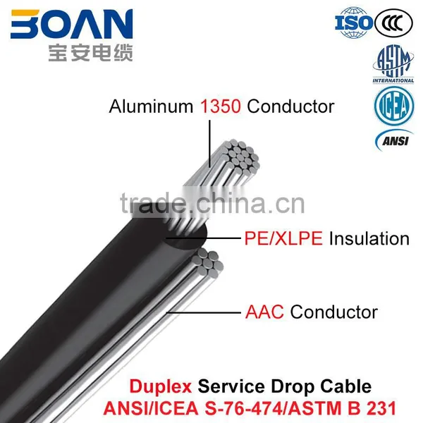 Duplex Service Drop Cable, 600 V, AL/XLPE or AL/PE With AAC Neutral, (ANSI/ICEA S-76-474)