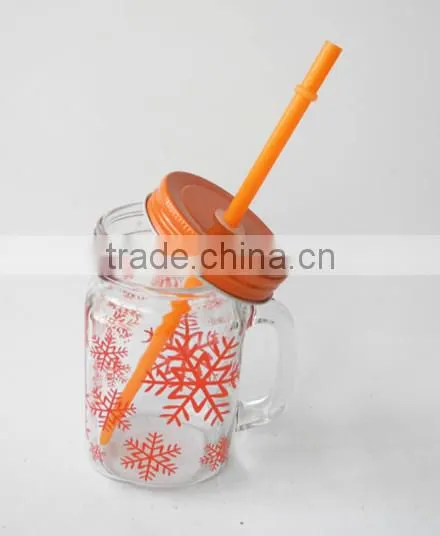 Hot Sale Snowflake Surface Handling Glass Cold Drink Jar With Straw photo-4