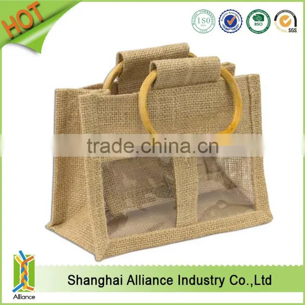 Clear Jute Bag With Window/small Jute Wine Bag With Cotton Material Handle photo-3