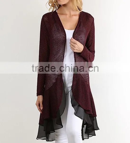 Stylish Girls Women Fashion Burgundy Layered Open Cardigan With Ruffle Hem Polyester Rayon Spandex Cardigan Wholesale photo-3