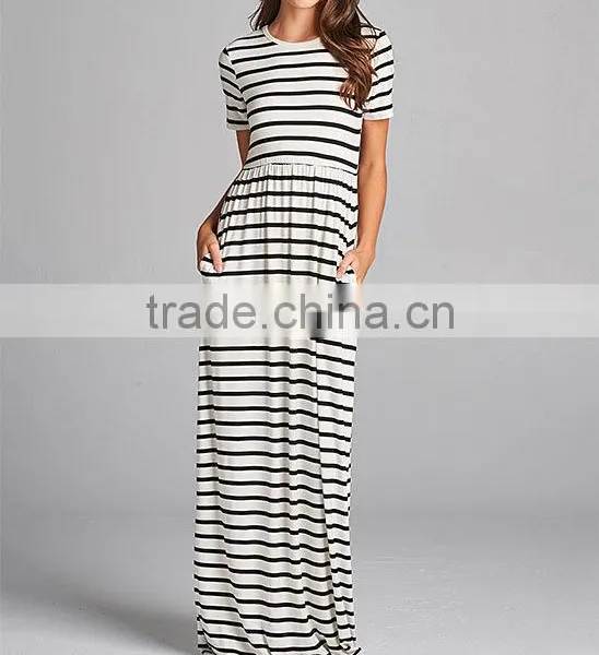 Elegant Long Nightgowns Black & White Stripe Short Sleeve Hidden Pockets Scoop Neck Gown Dresses Evening Muslim Dress Maxi photo-4