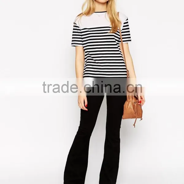 Latest Arrival Slash Neckline Top in Stripe With Woven Panels photo-4