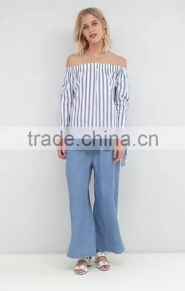 2017 Fashion Stripe And Tie Sleeve Off The Shoulder Top photo-5