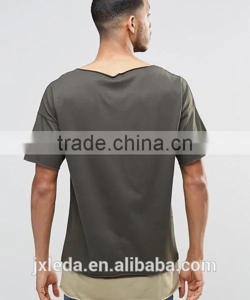 Men Cheap Plain Boat Neck Longline Army Green T-shirt Wholesale photo-2