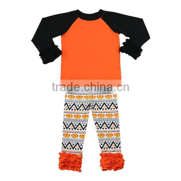 Fall Boutique Orange Icing Raglan Stripe Knit Ruffle Children Outfits Halloween Girls Raglan Outfits photo-2