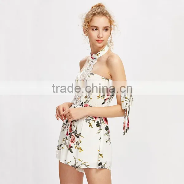 Polyester White Ladies Jumpsuit, Floral Print Contrast Lace Playsuit photo-2