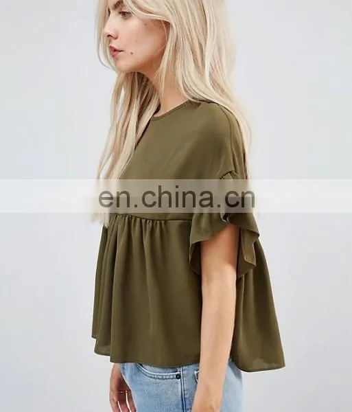 China Product Women Fashion Navy Blue Smock Top With Ruffle Sleeve photo-2