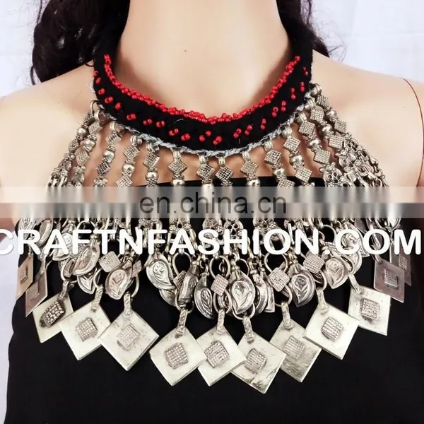 Afghan Boho Gypsy Jewelry - Designer Vintage Afghan Old Coin Necklace -Vintage Kuchi Coin Choker Necklace Set photo-2