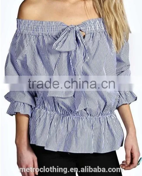 2015 China Manufacturer Customized Ladies the Latest Design Shoulder Striped Blouse photo-2