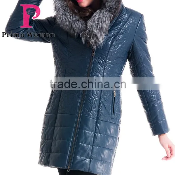 2015 Women Winter Leather Medium Length Slim Fit Coat With Brown Fox Hat Overcoat photo-6