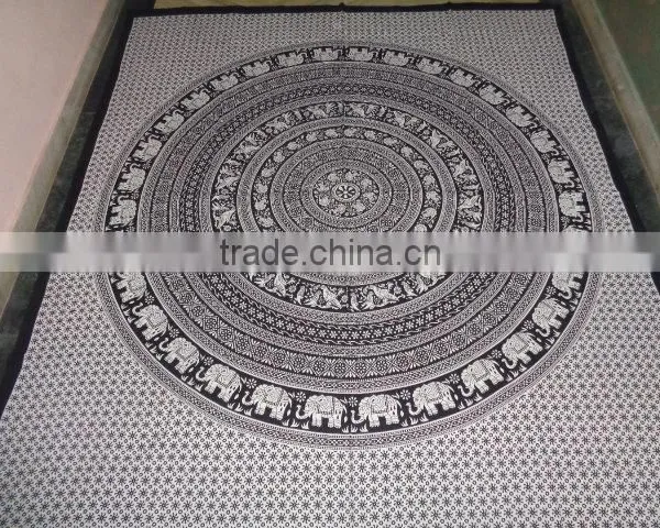 Round Mandala Black White Printed Elephant Tapestry photo-3