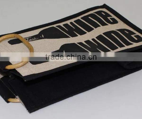 Four Bottle Juco Wine Bag With Wooden Cane Handle photo-2