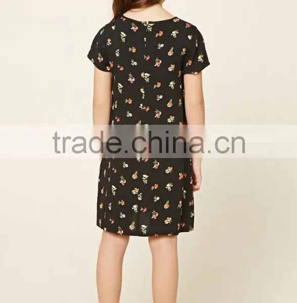 Wholesale Children's Boutique Clothing Girls Allover Floral Print Shift O-Neck Short Sleeves Knit Latest Dress Designs photo-3