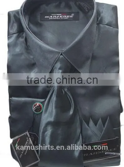 Men's Black Satin Dress Shirts Tie&hanky Man Satin Shirt photo-2
