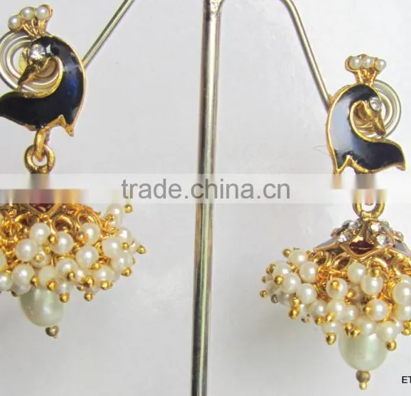 Peacock Pearl Gold Plated Dangler Jhumka EARRINGS photo-2