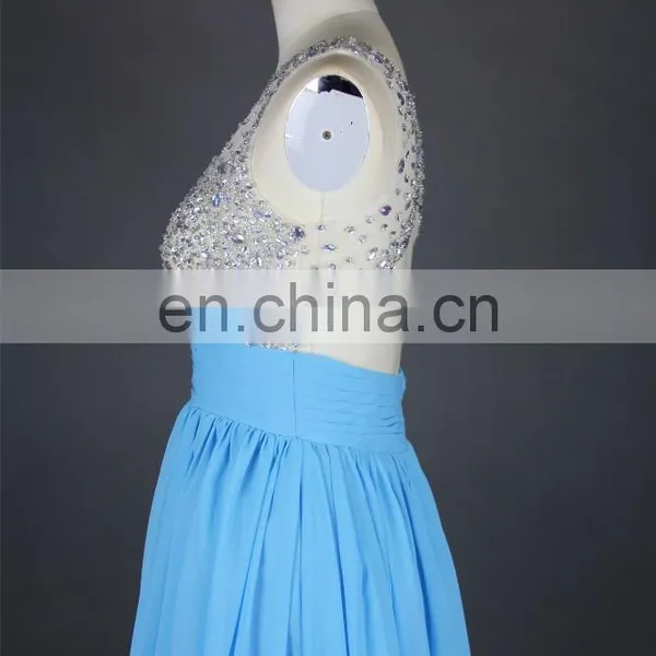 New Arrival Evening Gown Chiffon Beaded See Through Nude Back High Neck Key Hole Open Back Light Blue Formal Long Evening Dress photo-3