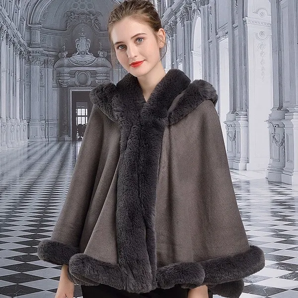 European and American Autumn and Winter New Imitation Otter Rabbit Fur Collar Hooded Shawl Cloak Loose Jacket for Women photo-2