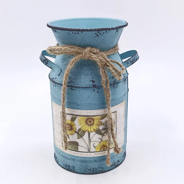 Vintage Distressed Blue Metal Milk Can Vase with Jute Rope Bow, Sunflower Printed Farmhouse Metal Pitcher for Table Home Decor