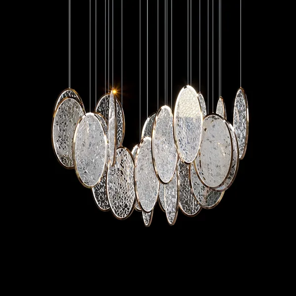 Large Custom Crackle Glass Disc Cluster Chandelier Gold Trim Modern Pendant Light