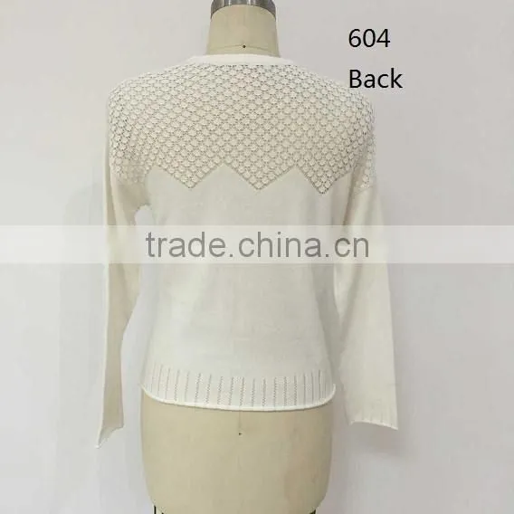 Ladies Crew Neck Fance Stitch on Front and Back Upper Part Pullover Sweater