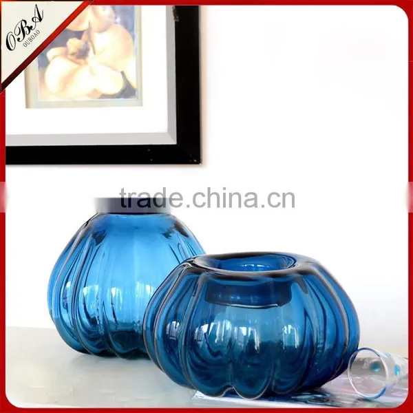 Unique Design Mouth Blown Dark Blue Pumpkin Shaped Art Murano Glass Vase
