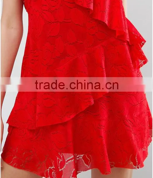 China Women Clothing Manufacturer Red Sexy Lace Ruffle Mini Dress photo-6