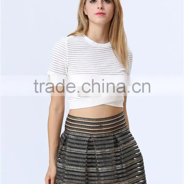 Accept Mini Quantity Order Factory Price New Fashion White Colour Stripe Women Crops Tops photo-3