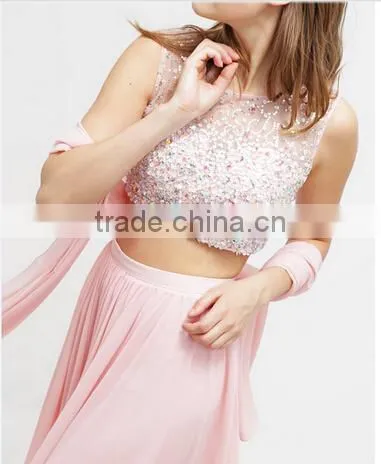 2017 Fashion Long Maxi Dresses Sleeveless Two Piece Set Long Skirts and Beaded Tops for Girls Party Wear Dress photo-4