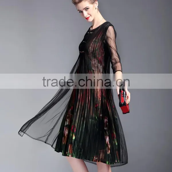 Grace Flower Printed False Two Pieces Draped Retro Vintage Dress for Lady photo-5